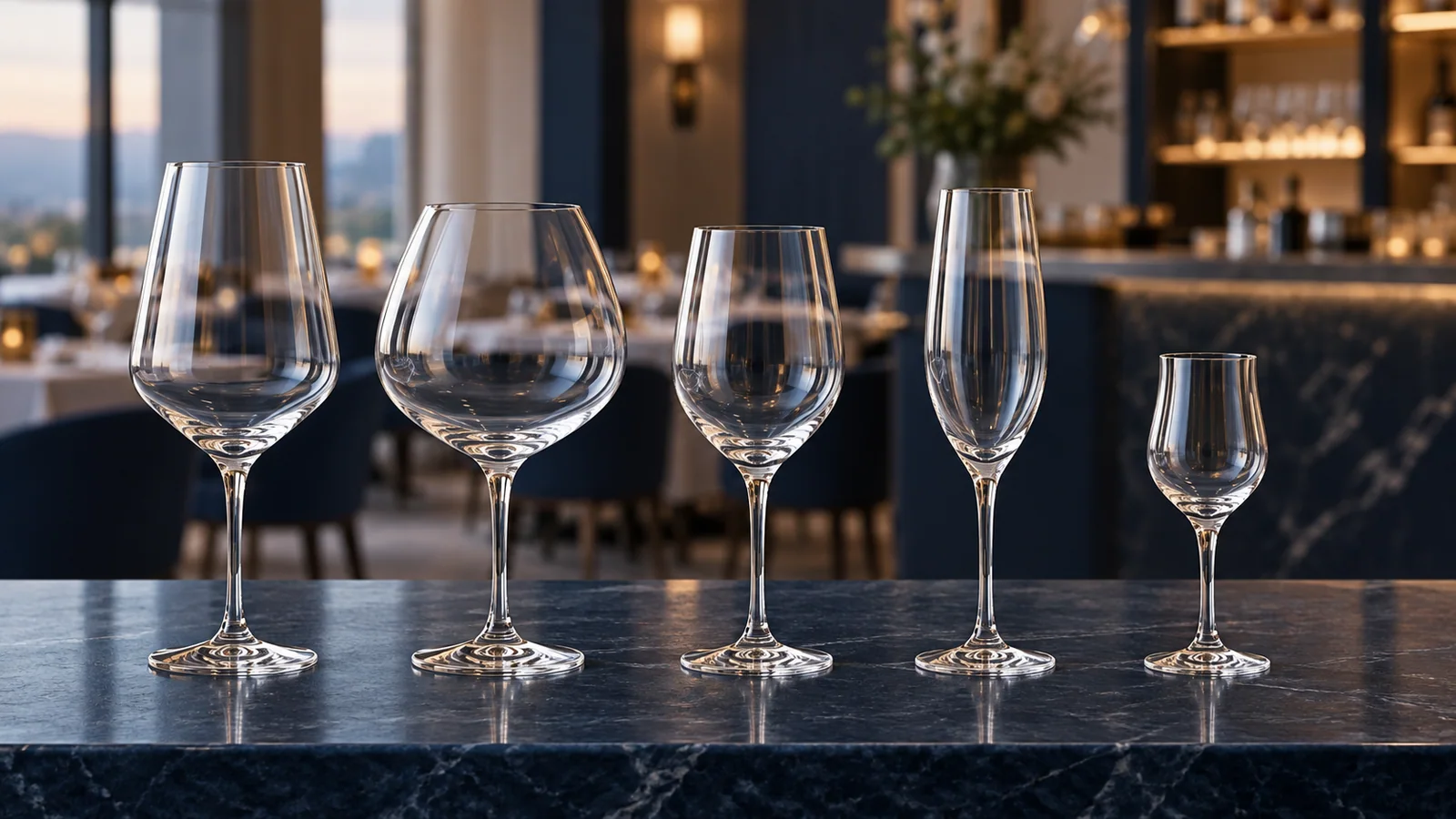 Five clear wine-glass profiles arranged on a hotel restaurant counter: tapered red-wine, wide balloon, all-purpose, champagne tulip and small dessert glasses.