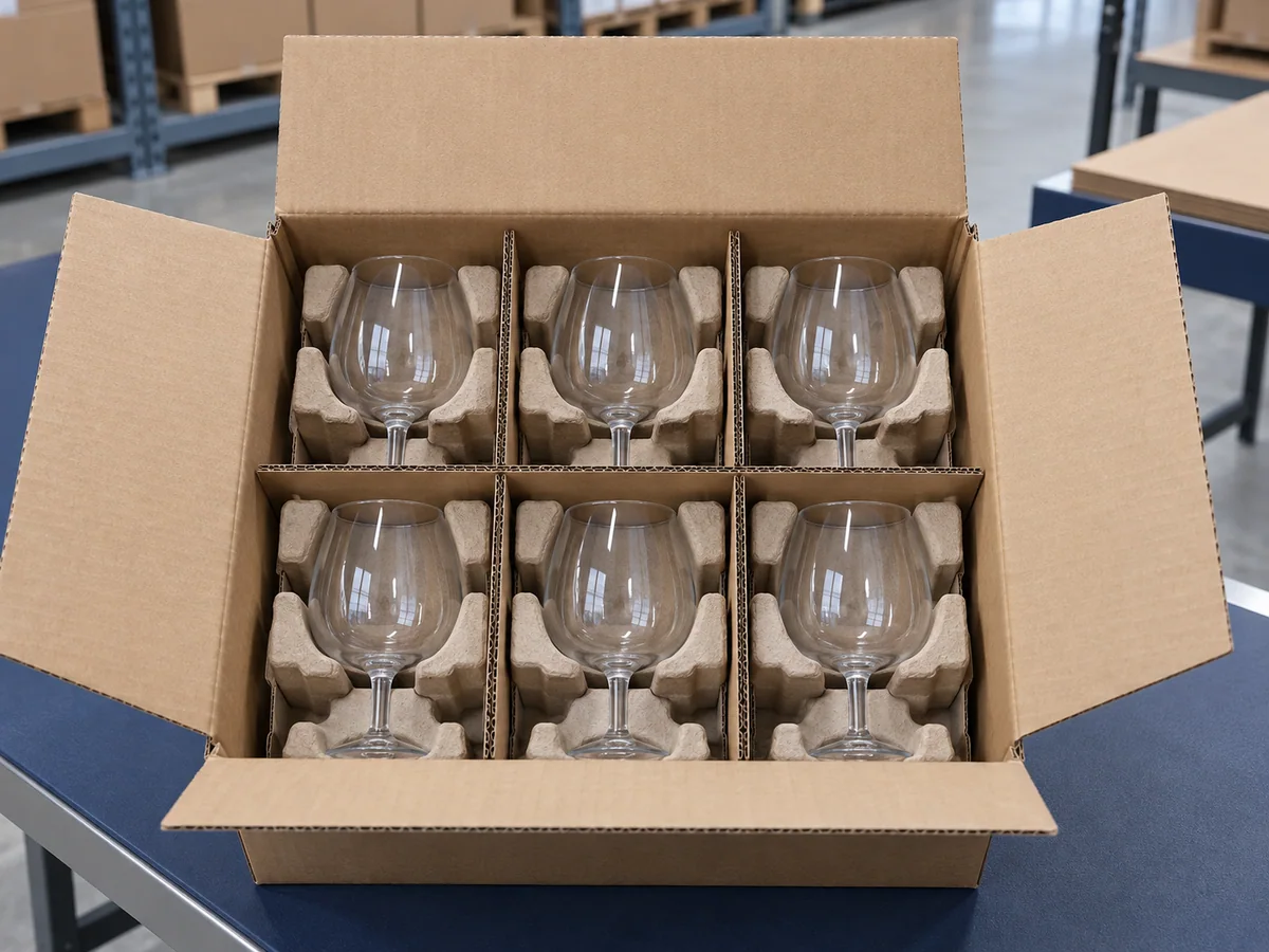 Six clear wine glasses protected in a compartmented corrugated carton with molded-pulp supports. Generated packaging concept only; the final pack requires a supplier drawing and physical approval.
